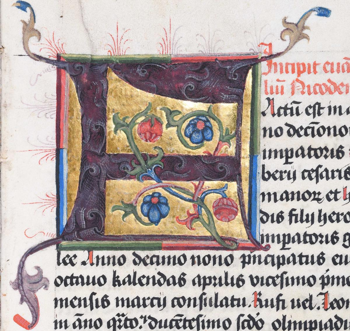 Das Bild zeigt eine vergrößerte Initiale aus dem Evangelium Nicodemi