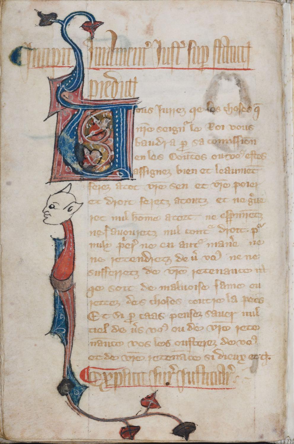 Das Bild zeigt eine Initiale aus dem Collectio legum Anglorum. Es handelt sich um ein S mit abgehenden Zweigen. Unter der Initale ist ein Teufelskopf dargestellt..