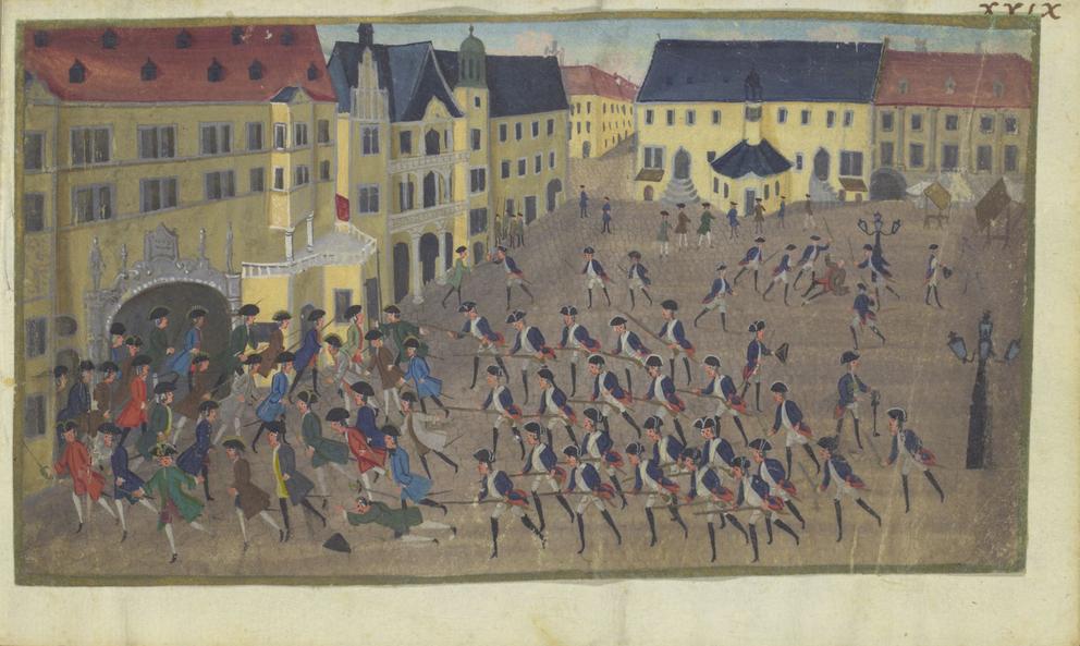 Das Bild zeigt eine Zeichnung von einer Auseinandersetzung zwischen Soldaten und Studenten in Halle.