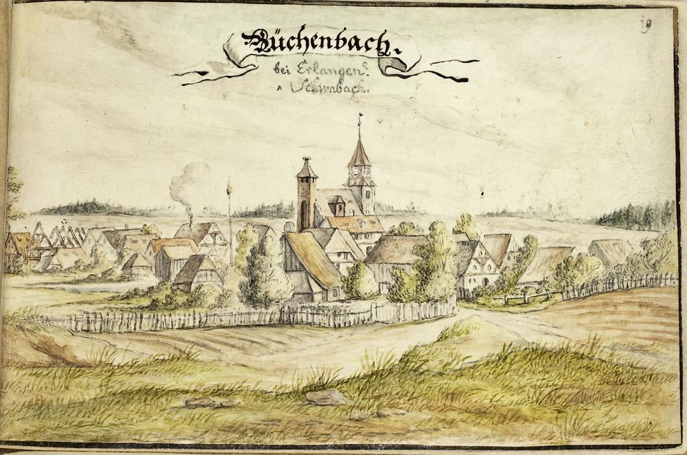 Das Bild zeigt eine Zeichnung von einer Ansicht Büchenbachs bei Erlangen.