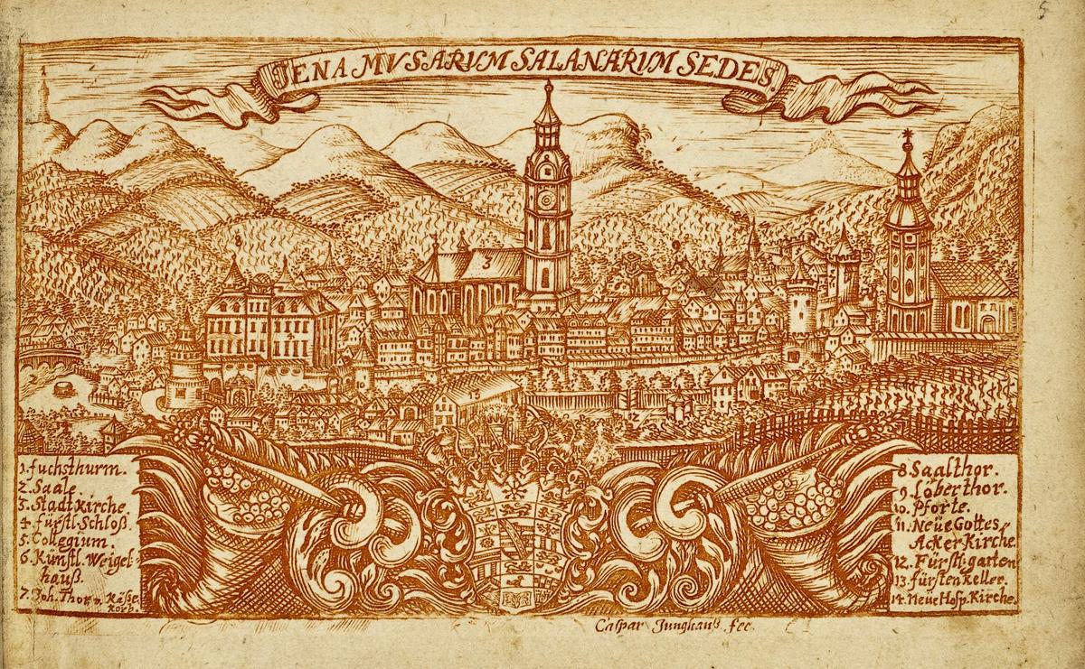 Das Bild zeigt eine Zeichnung von einer Stadtansicht Jenas