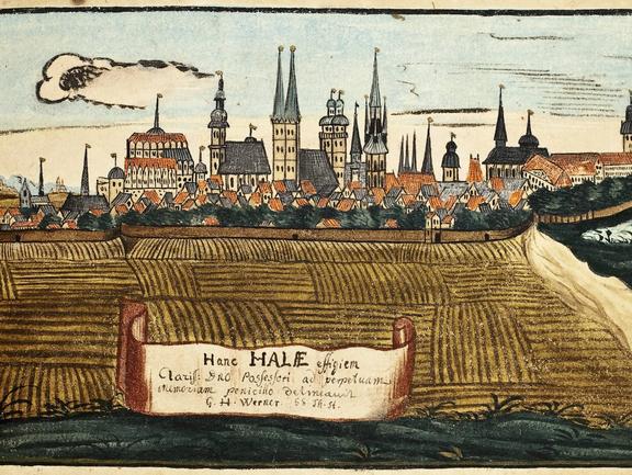 Das Bild zeigt eine Zeichung von einer Stadtansicht Halles.