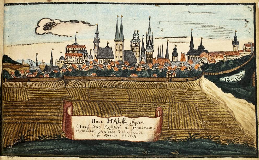 Das Bild zeigt eine Zeichung von einer Stadtansicht Halles.