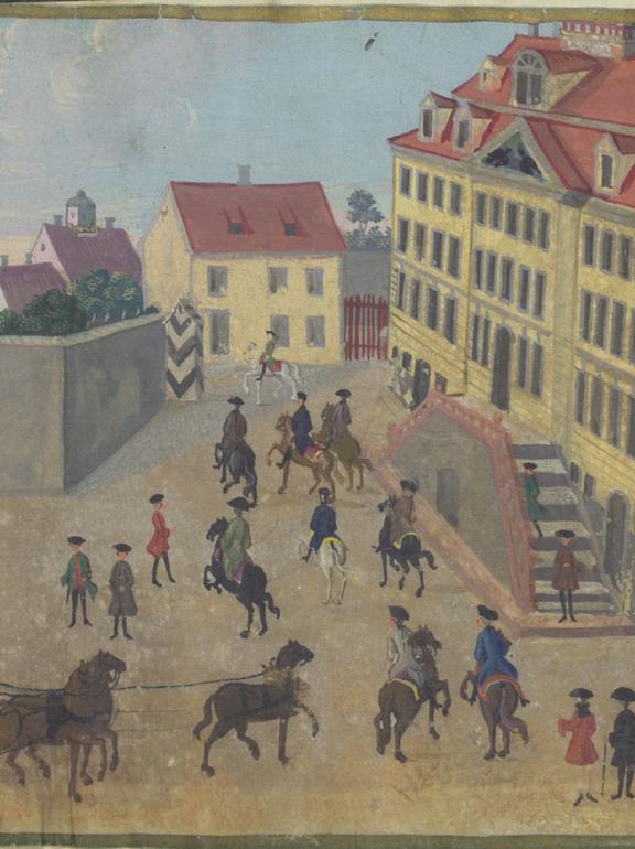 Das Bild zeigt eine Zeichnung vom belebten Vorplatz des Waisenhauses der Frackeschen Stiftungen.