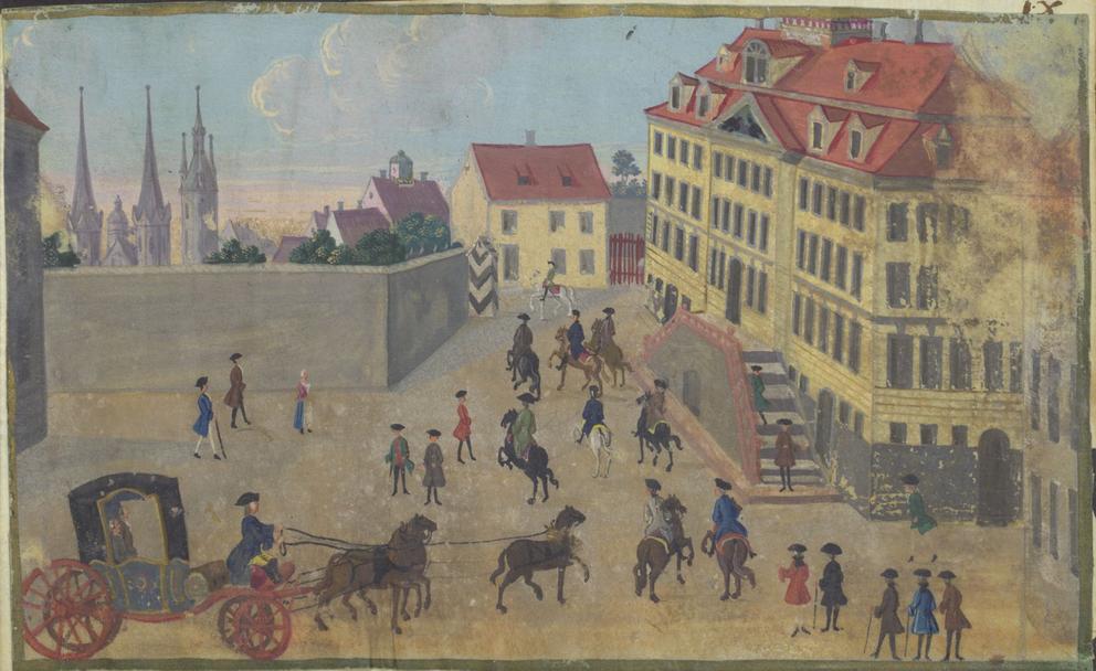 Das Bild zeigt eine Zeichnung vom belebten Vorplatz des Waisenhauses der Frackeschen Stiftungen.