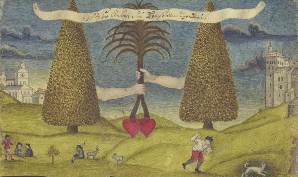 Das Bild zeigt eine Zeichnung einer Wiese mit mehreren Personen. Es sind große Tannen zu sehen, aus denen zwei große Arme herausragen. Sie halten eine Pflanze mit zwei Herzen als Wurzel. Über der Szene steht "Wir lieben die Beständigkeit".