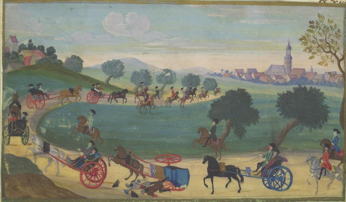 Das Bild zeigt eine Zeichnung von mehreren Kutschen, wovon eine verunfallt ist.