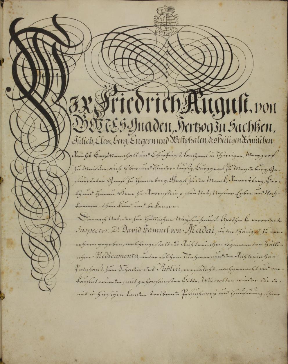 Das Bild zeigt die erste Seite der Urkunde mir Auszeichnungsschrift.