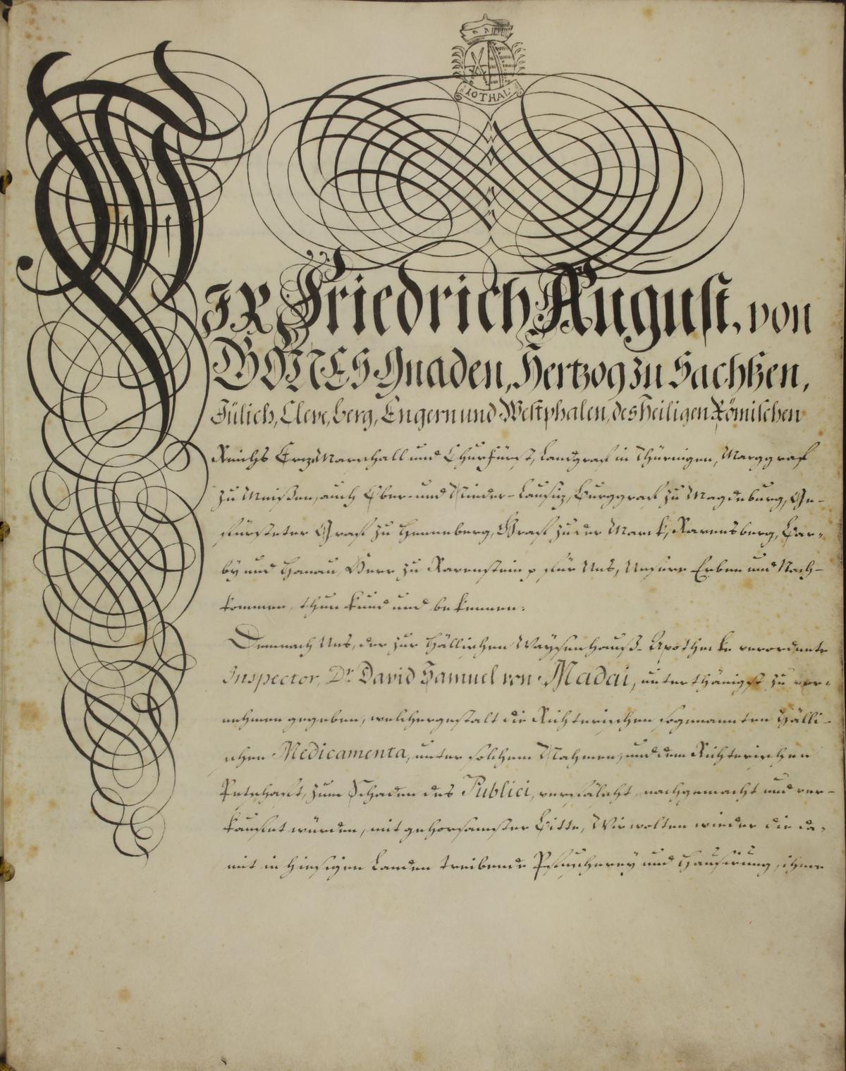 Das Bild zeigt die erste Seite der Urkunde mir Auszeichnungsschrift.