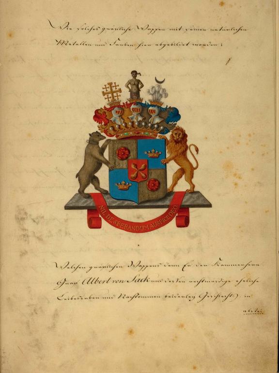 Das Bild zeigt das gezeichnete Wappen der Familie von Sack aus der Urkunde.
