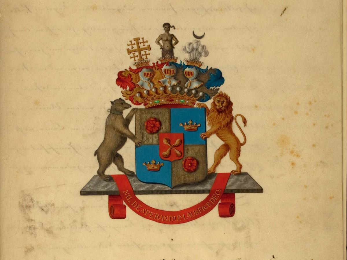 Das Bild zeigt das gezeichnete Wappen der Familie von Sack aus der Urkunde.