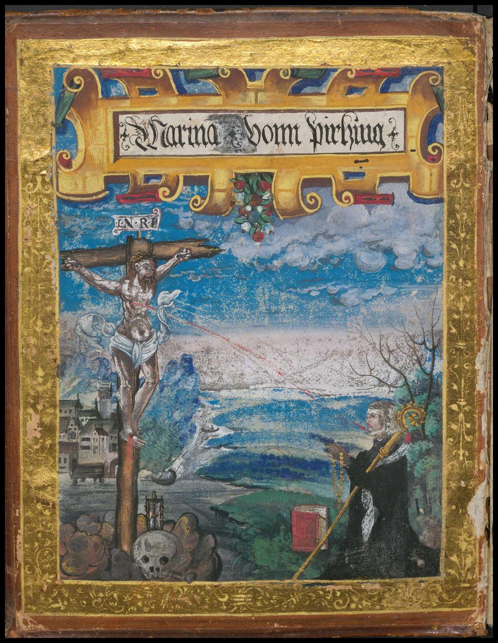 Das Bild zeigt die Titelseite des Katechismus von Mathias Understainer. Zu sehen ist eine gold umrandete Kreuzigungsszene.