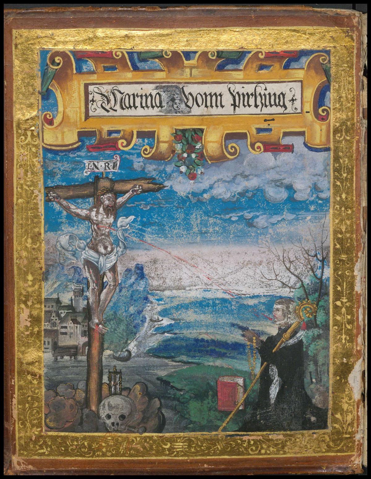 Das Bild zeigt die Titelseite des Katechismus von Mathias Understainer. Zu sehen ist eine gold umrandete Kreuzigungsszene.