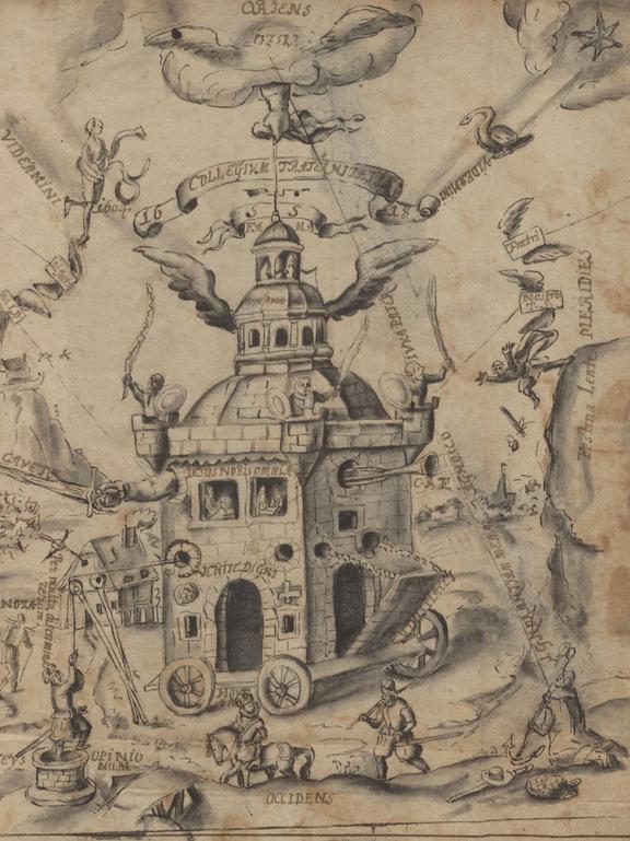 Das Bild zeigt eine Zeichnung aus dem Speculum Sophicum Rhodo-Stauroticum von Daniel Mögling.