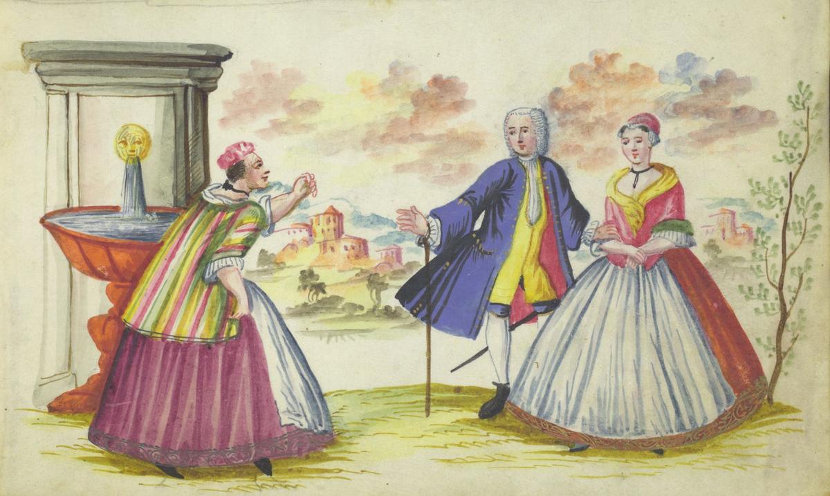 Das Bild zeigt eine Gouache von einem Ehepaar, das einer Frau in einem Park begegnet.